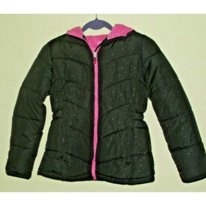 Girls-Black -Pink Lined-Puffy-Hooded-Jacket-By-Faded-Glory-size-XL-14-16